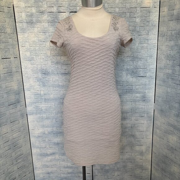 Free People Textured Beaded Scoop Neck Mini Dress Light Beige Short Sleeve - Picture 2 of 11